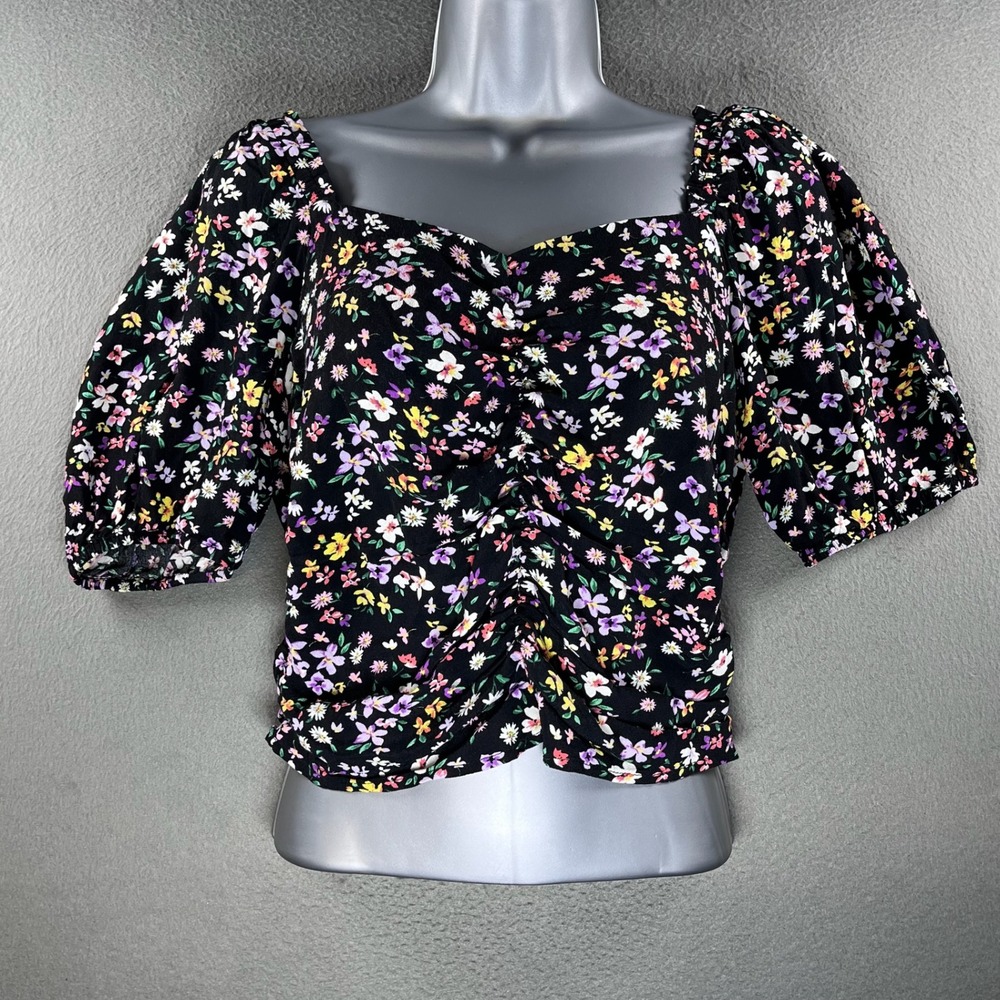 Sophie Rue Women‎ Top Black Floral Woven Small Cottagecore Ruched Puff Sleeve
